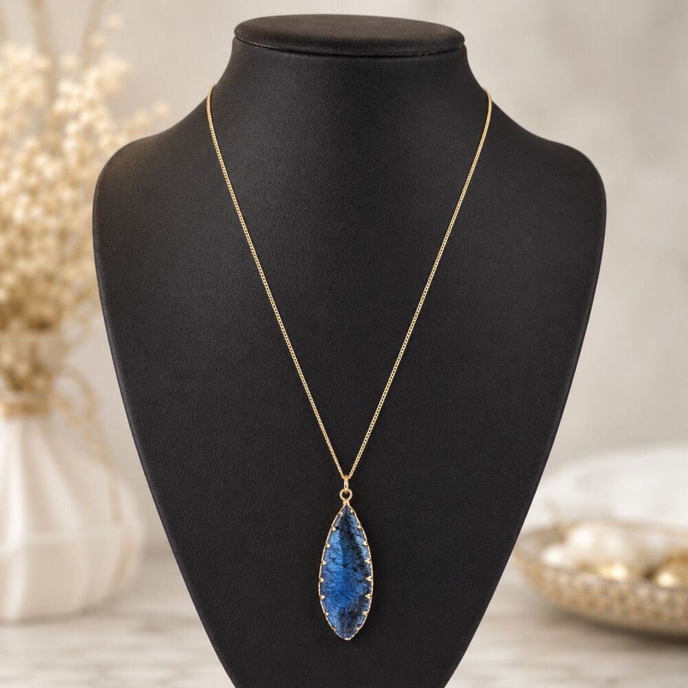 Gold Tone Blue Marquise Stone Pendant Necklace, Boho, Minimalist Jewelry